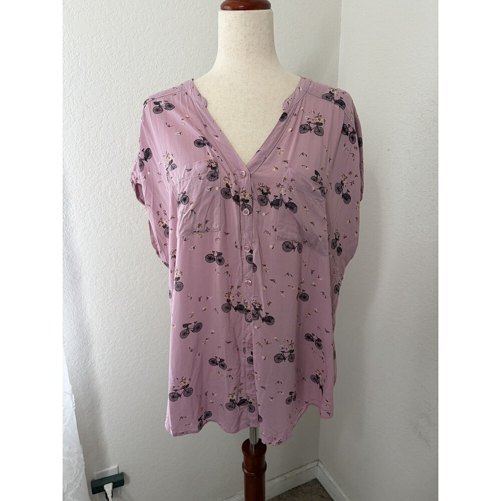 Torrid Women’s 1X Mauve Pink Bicycle Floral Print Button Front Tunic Top Rayon